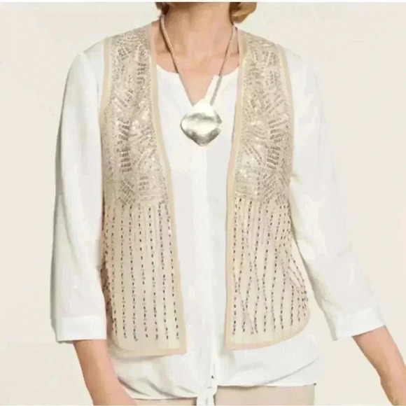 Chico’s Women Beaded Embroidery Lace Open Tan Beige Neutral Vest Plus Size XL 16 - Picture 2 of 11